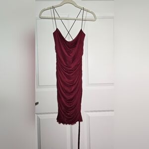 Burgundy Ruched Cowl Neck Mini Dress with Crisscross Straps – Size M